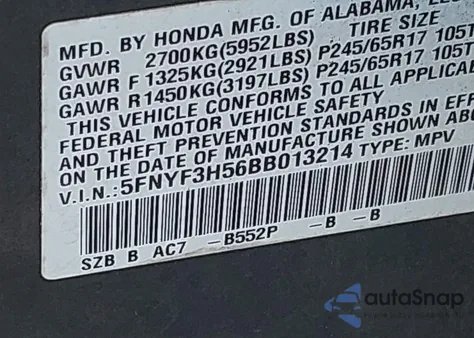 2011 Honda Pilot Ex-L из США, поврежденный, VIN 5FNYF3H56BB013214